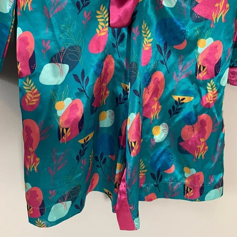 5/$25 Disney Robe Kids Size 5/6 Teal Pink Abstract‎ Floral Satin Wrap Loungewear